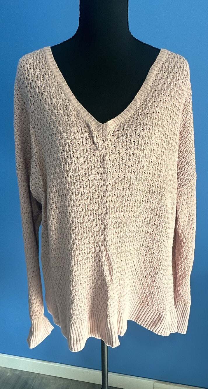 American Eagle Outfitters Women's Blush Pink V-Neck Open Stitch Long Sleeve Swea